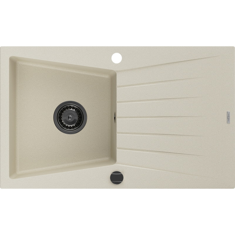 Mexen Cesar chiuvetă de granit cu 1 compartiment și scurgător 775 x 470 mm, bej, sifon negru - 6514771010-69-B