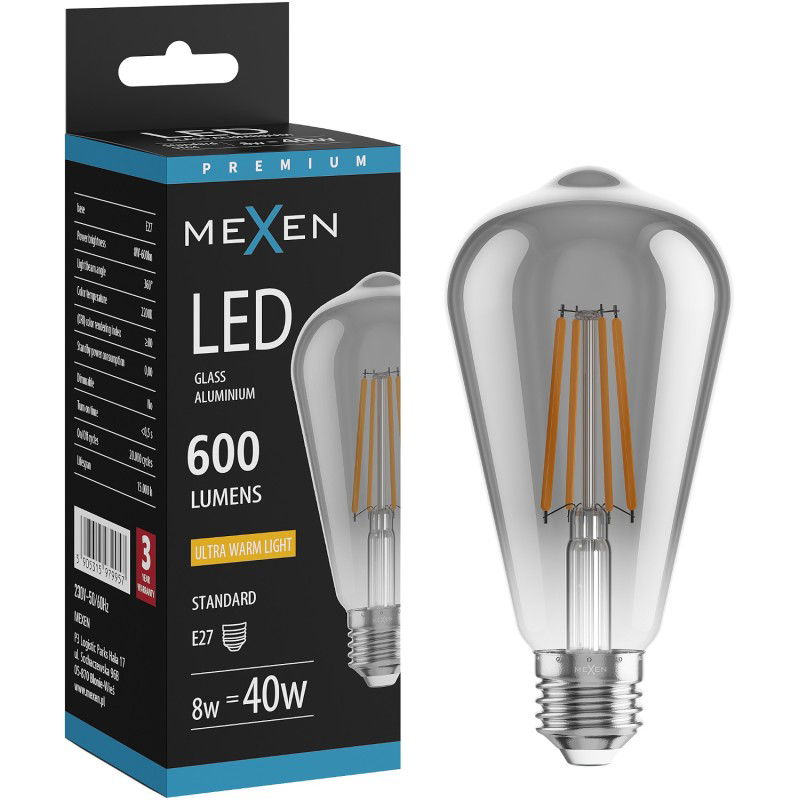 Mexen Vintis LED filament izzó E27, ST64, 8W, Meleg - 2200K, 600 lm, füstös - L152-E27-0822-70
