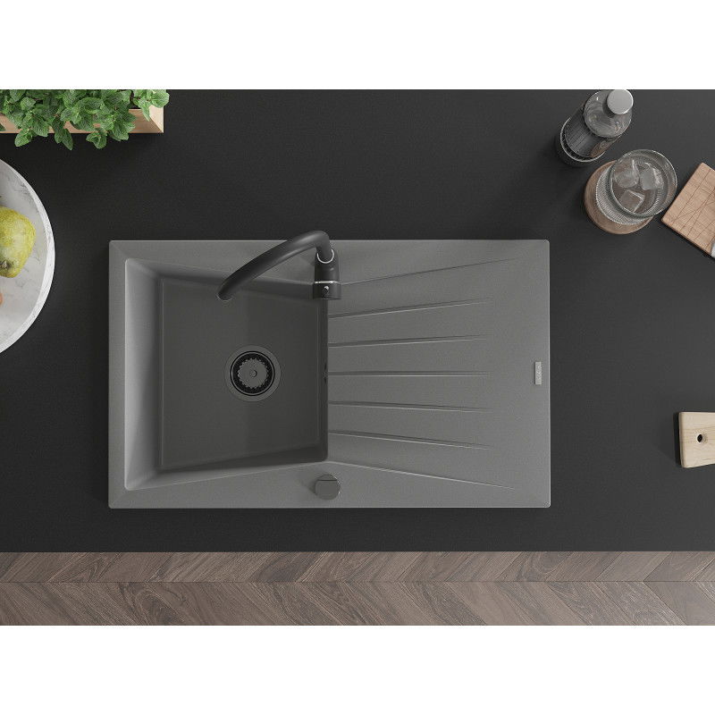 Mexen Cesar chiuvetă de granit cu 1 compartiment și scurgător 775 x 470 mm, gri, sifon negru - 6514771010-71-B