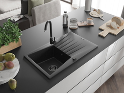 Mexen Cesar chiuvetă din granit cu 1 compartiment și picurător 775 x 470 mm, negru/argintiu metalic, sifon negru