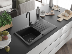 Mexen Cesar chiuvetă granit cu 1 compartiment și scurgător 775 x 470 mm, negru/argintiu metalic, sifon negru - 6514771010-73-B