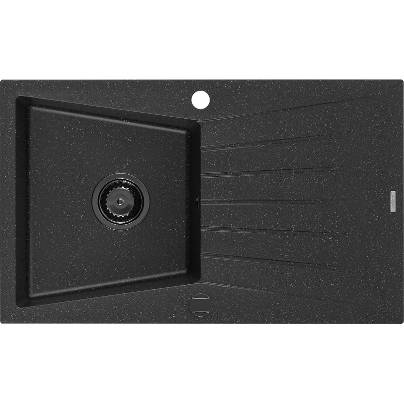 Mexen Cesar chiuvetă de granit cu o cuvă și scurgător 775 x 470 mm, negru/argintiu metalic, sifon negru - 6514771010-73-B