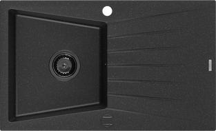 Mexen Cesar egymedencés gránit mosogató csepegtetővel 775 x 470 mm, fekete/ezüst metál, fekete szifon - 6514771010-73-B