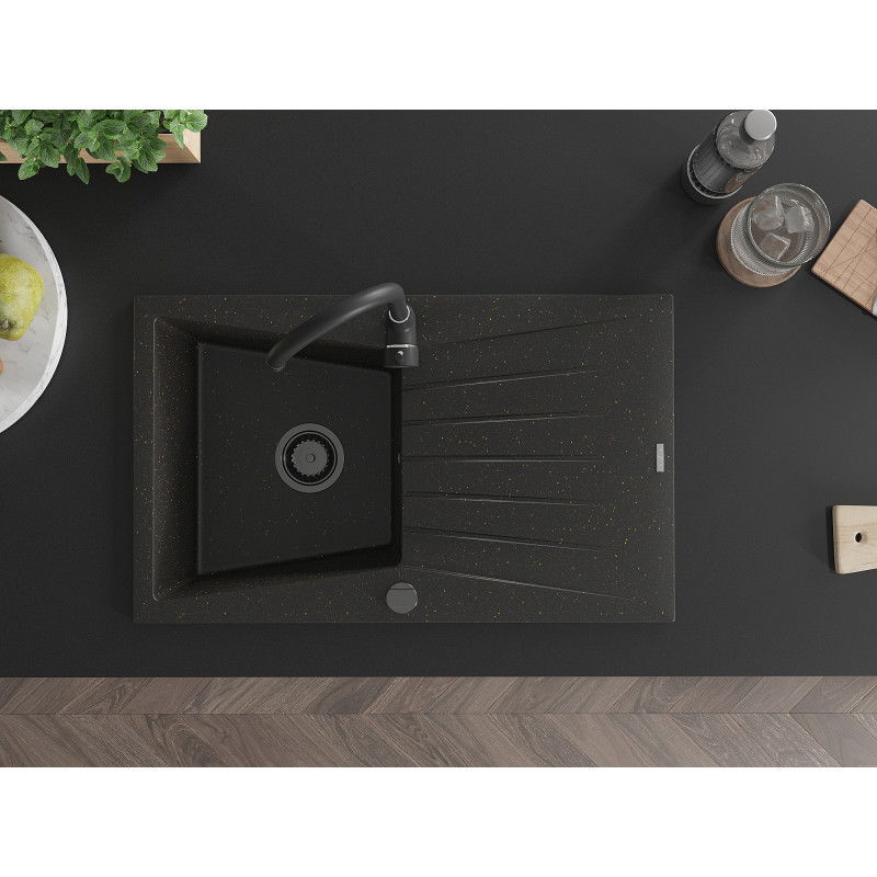 Mexen Cesar chiuvetă din granit cu 1 compartiment și scurgător 775 x 470 mm, negru/aureu metalizat, sifon negru