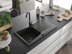 Mexen Cesar chiuvetă granit 1-cameră cu scurgător 775 x 470 mm, negru/auriu metalic, sifon negru - 6514771010-75-B
