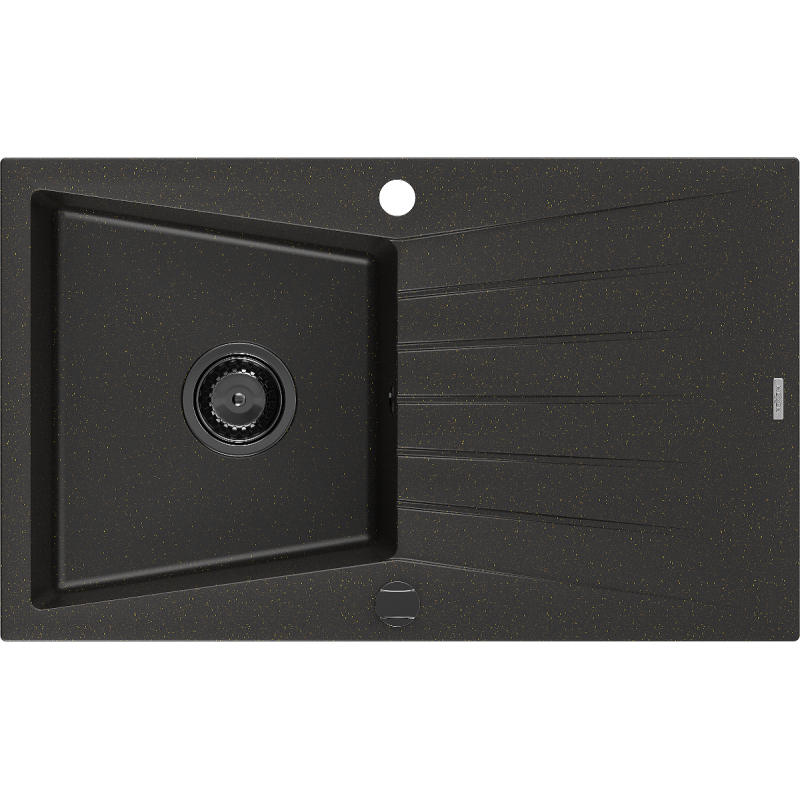 Mexen Cesar chiuvetă din granit cu 1 compartiment și scurgător 775 x 470 mm, negru/aureu metalizat, sifon negru