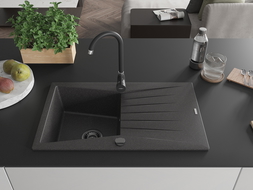 Mexen Cesar chiuvetă din granit cu 1 compartiment cu picurător 775 x 470 mm, negru cu pete, sifon negru - 6514771010-76-B