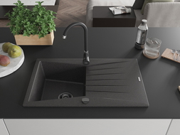 Mexen Cesar1-medencés gránit mosogató edényszárítóval 775 x 470 mm, Fekete foltos, szifon Fekete - 6514771010-76-B