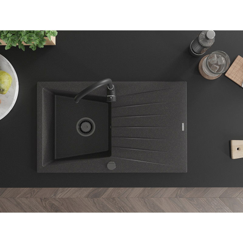 Mexen Cesar chiuvetă din granit cu 1 compartiment cu picurător 775 x 470 mm, negru cu pete, sifon negru - 6514771010-76-B