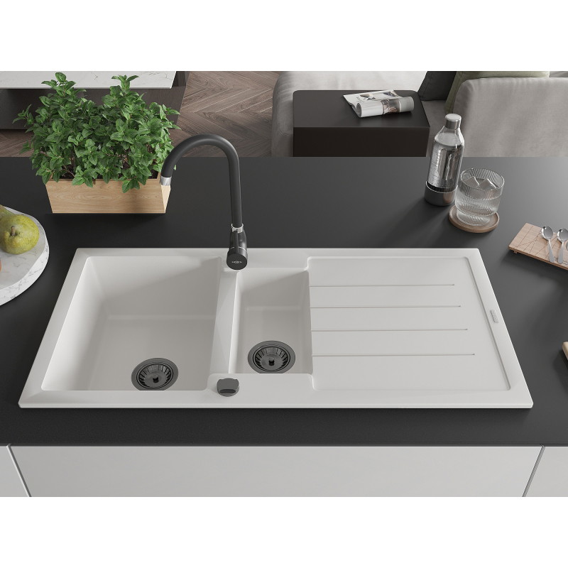 Mexen Andres chiuvetă de granit cu 1,5 compartimente și scurgător 1000 x 500 mm, alb, sifon negru - 6515101510-20-B
