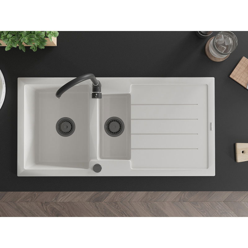 Mexen Andres 1,5 rekeszes gránit mosogató csepegtetővel 1000 x 500 mm, fehér, fekete szifon - 6515101510-20-B