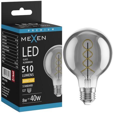 Mexen Vintis Bec LED filament spirală E27, G80, 8W, Caldă - 2700K, 510 lm, fumuriu - L165-E27-0827-70