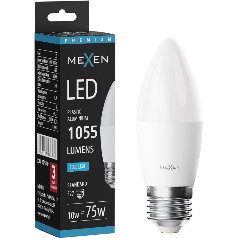 Mexen Nova LED izzó E27, C37, 10W, Hideg - 6500K, 1055 lm - L102-E27-1065-01