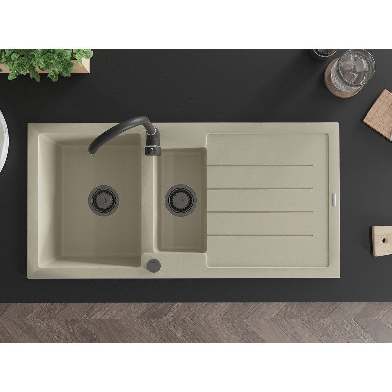Mexen Andres chiuvetă din granit cu 1,5 compartimente și picurător 1000 x 500 mm, bej, sifon negru - 6515101510-69-B