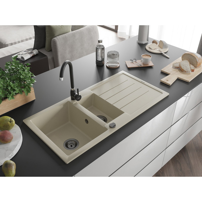 Mexen Andres chiuvetă de granit cu 1,5 compartimente și picurător 1000 x 500 mm, bej, sifon negru - 6515101510-69-B