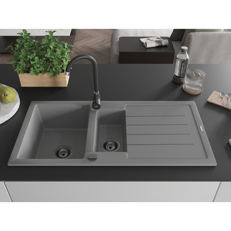 Mexen Andres chiuvetă din granit cu 1,5 compartimente și scurgător 1000 x 500 mm, gri, sifon negru - 6515101510-71-B