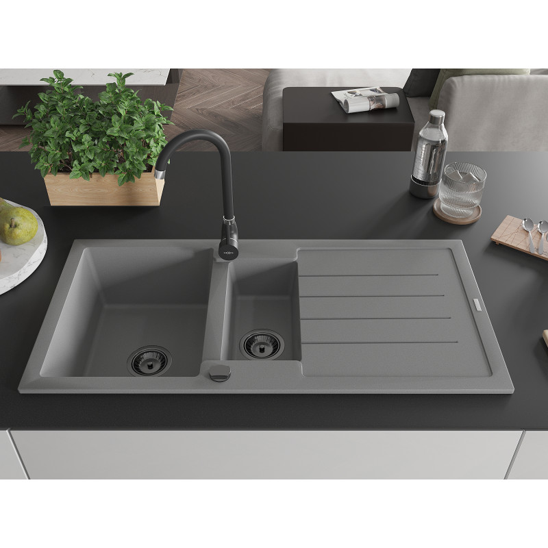 Mexen Andres chiuvetă granit 1,5 camere cu scurgător 1000 x 500 mm, gri, sifon negru - 6515101510-71-B