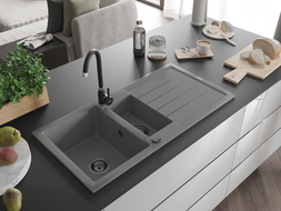 Mexen Andres 1,5 kamrás gránit mosogató csepegtetővel 1000 x 500 mm, szürke, fekete szifon - 6515101510-71-B