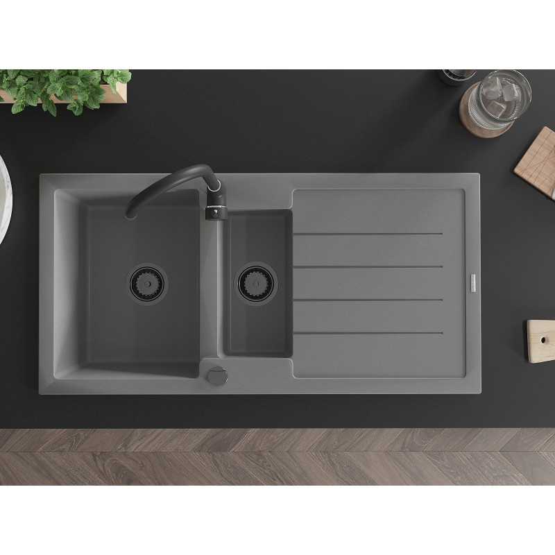 Mexen Andres chiuvetă din granit cu 1,5 compartimente și scurgător 1000 x 500 mm, gri, sifon negru - 6515101510-71-B