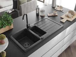 Mexen Andres chiuvetă de bucătărie din granit cu 1,5 compartimente și scurgător 1000 x 500 mm negru cu pete, sifon negru