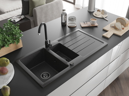 Mexen Andres chiuvetă de granit cu 1,5 compartiment cu picurător 1000 x 500 mm Neagră picățele, sifon Neagră - 6515101510-76-B