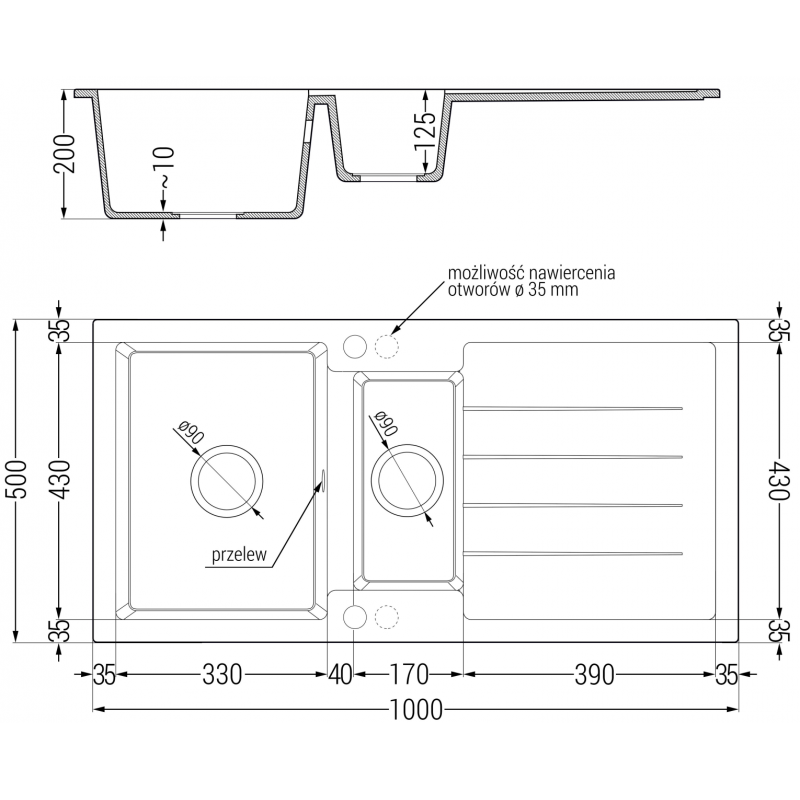Mexen Andres 1,5-medencés gránit mosogató csepegtetővel 1000 x 500 mm fekete, fekete szifon - 6515101510-77-B