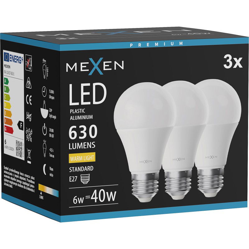 Mexen Nova 3x LED izzó E27, A60, 6W, Meleg - 3000K, 630 lm - L100-E27-0630-01x03