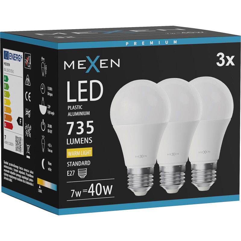 Mexen Nova 3x LED izzó E27, A60, 7W, Meleg - 3000K, 735 lm - L100-E27-0730-01x03
