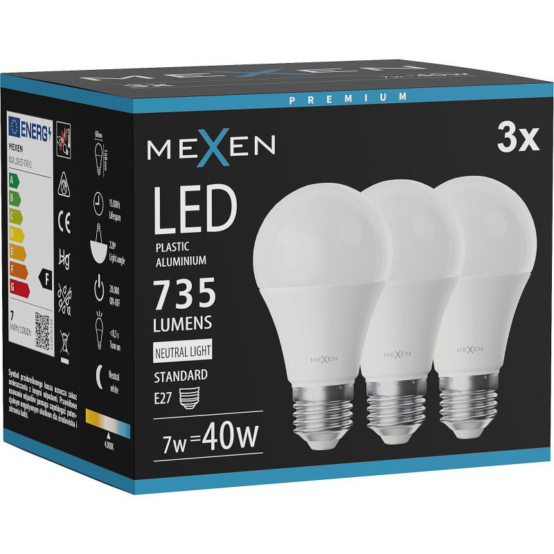 Mexen Nova 3x LED izzó E27, A60, 7W, Semleges - 4000K, 735 lm - L100-E27-0740-01x03