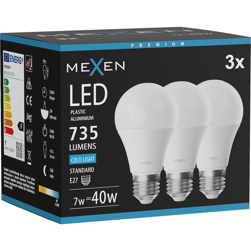 Mexen Nova 3x Bec LED E27, A60, 7W, Rece - 6500K, 735 lm - L100-E27-0765-01x03