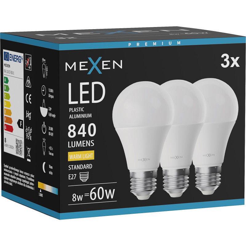 Mexen Nova 3x Bec LED E27, A60, 8W, Caldă - 3000K, 840 lm - L100-E27-0830-01x03
