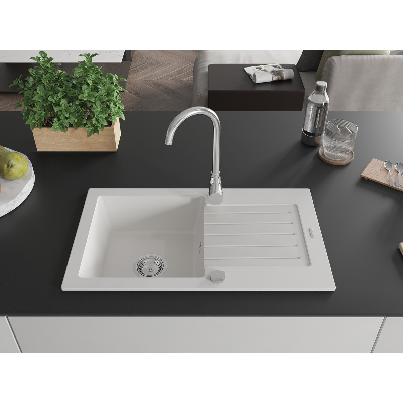 Mexen Pablo 1-medencés gránit mosogató csepegtetővel 752 x 436 mm, fehér, króm szifon - 6510751010-20