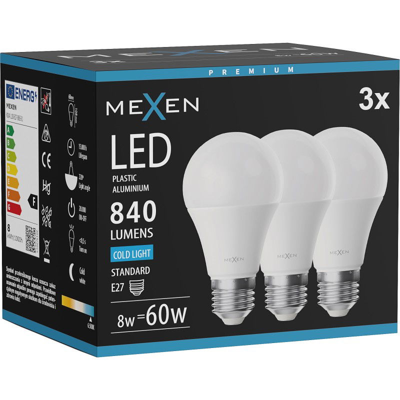 Mexen Nova 3x Bec LED E27, A60, 8W, Rece - 6500K, 840 lm - L100-E27-0865-01x03