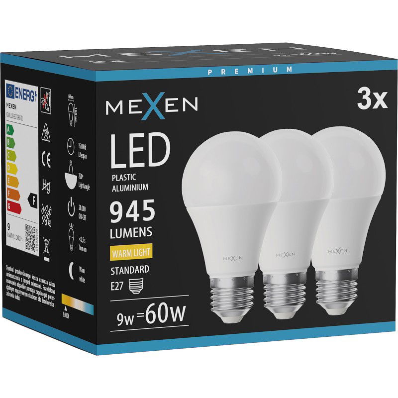 Mexen Nova 3x Bec LED E27, A60, 9W, Caldă - 3000K, 945 lm - L100-E27-0930-01x03