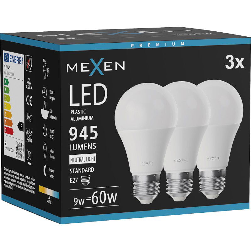 Mexen Nova 3x Bec LED E27, A60, 9W, Neutru - 4000K, 945 lm - L100-E27-0940-01x03