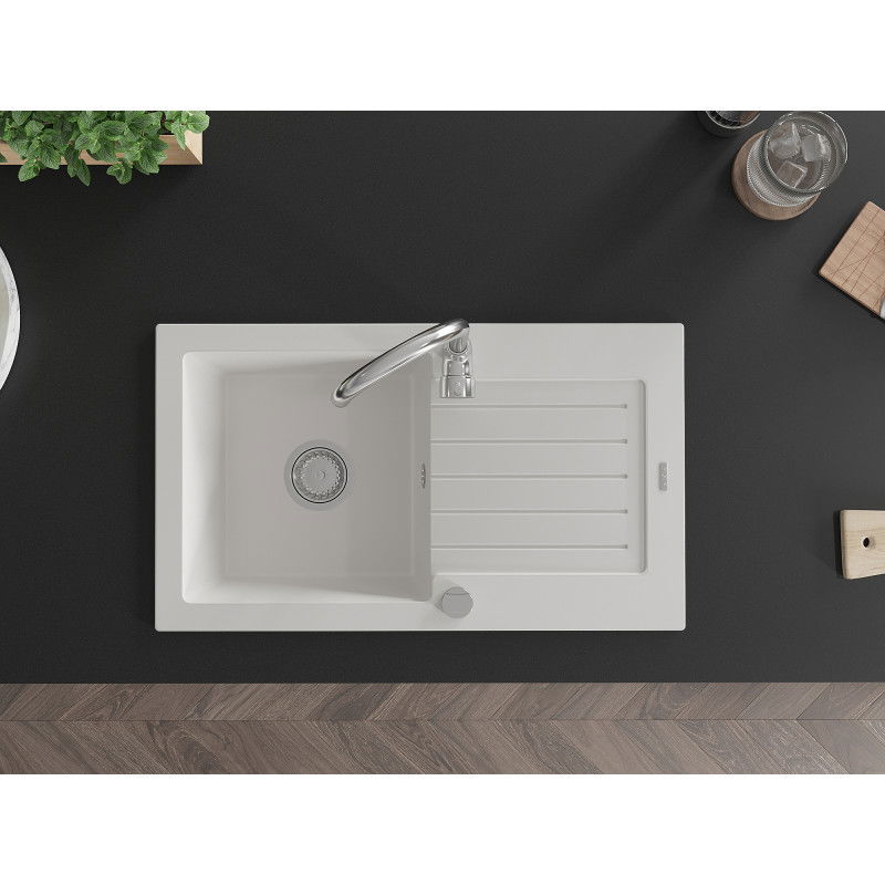 Mexen Pablo chiuvetă de granit cu 1 compartiment și scurgător 752 x 436 mm, alb, sifon crom - 6510751010-20