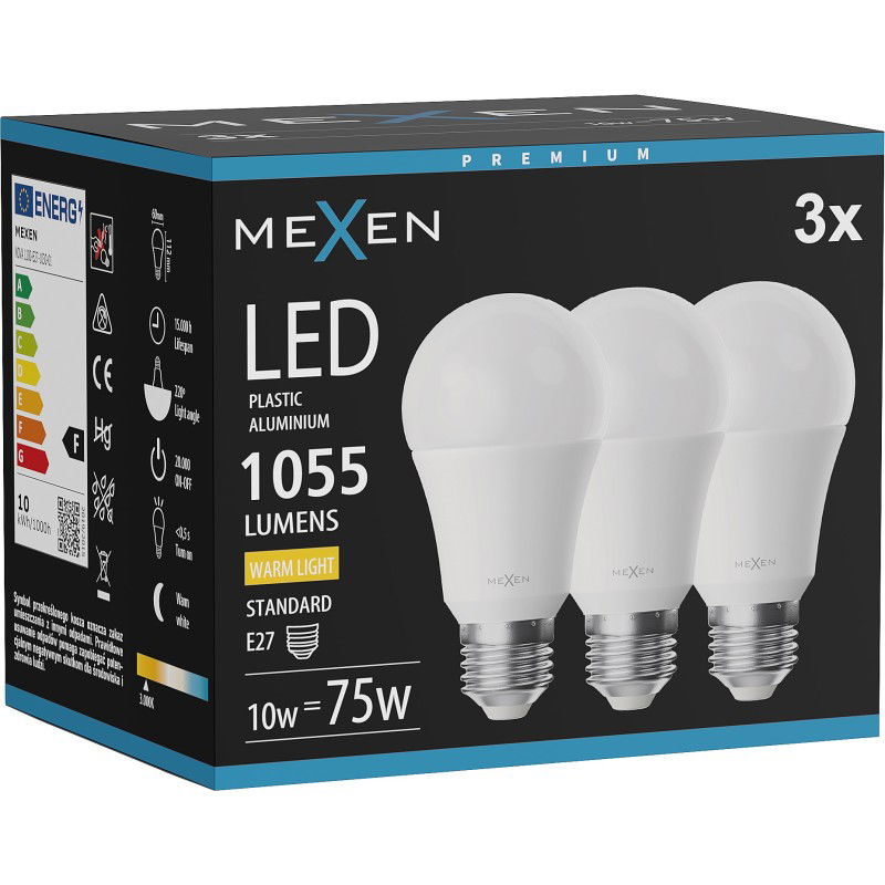 Mexen Nova 3x Bec LED E27, A60, 10W, Caldă - 3000K, 1055 lm - L100-E27-1030-01x03