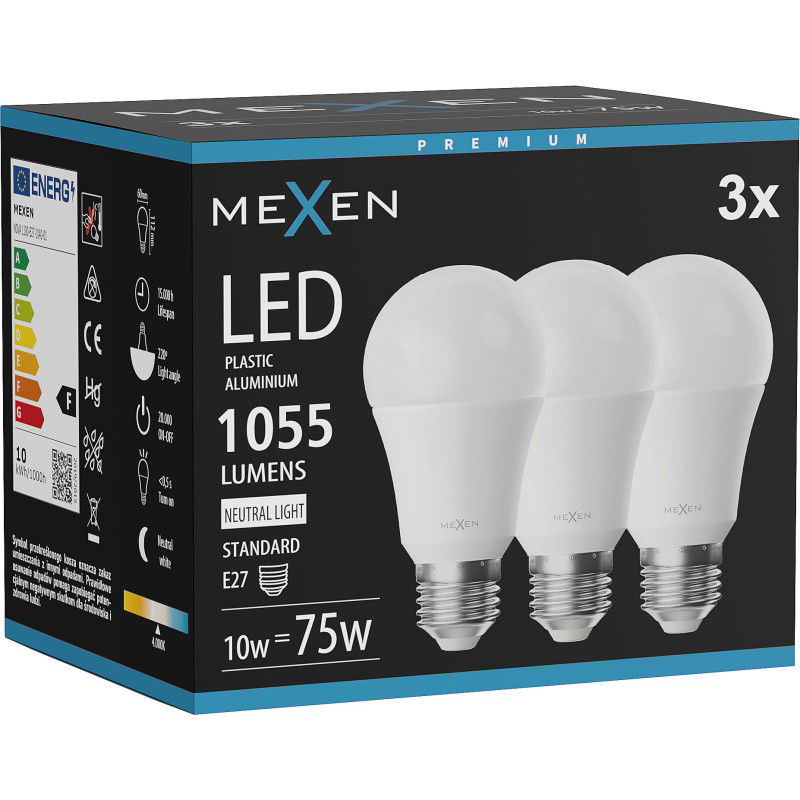 Mexen Nova 3x LED Izzó E27, A60, 10W, Neutrális - 4000K, 1055 lm - L100-E27-1040-01x03