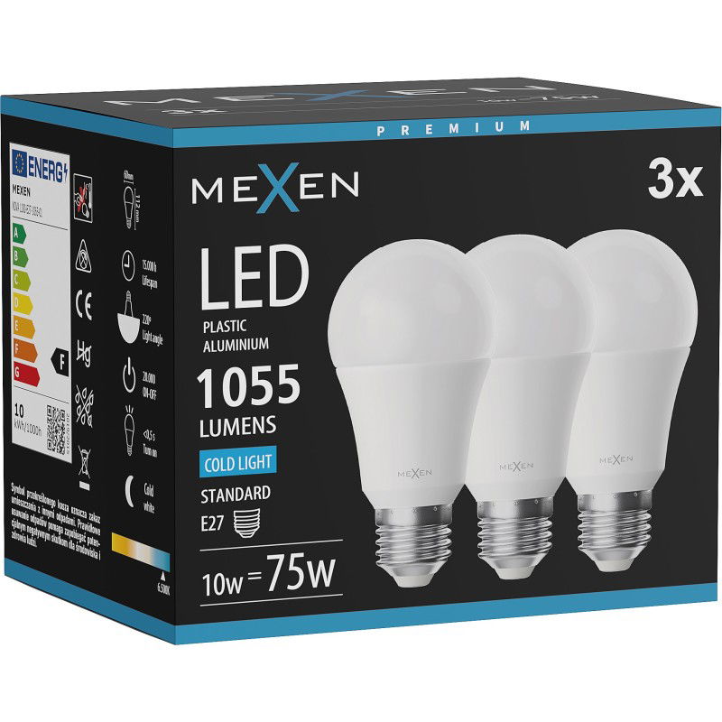 Mexen Nova 3x Bec LED E27, A60, 10W, Rece - 6500K, 1055 lm - L100-E27-1065-01x03