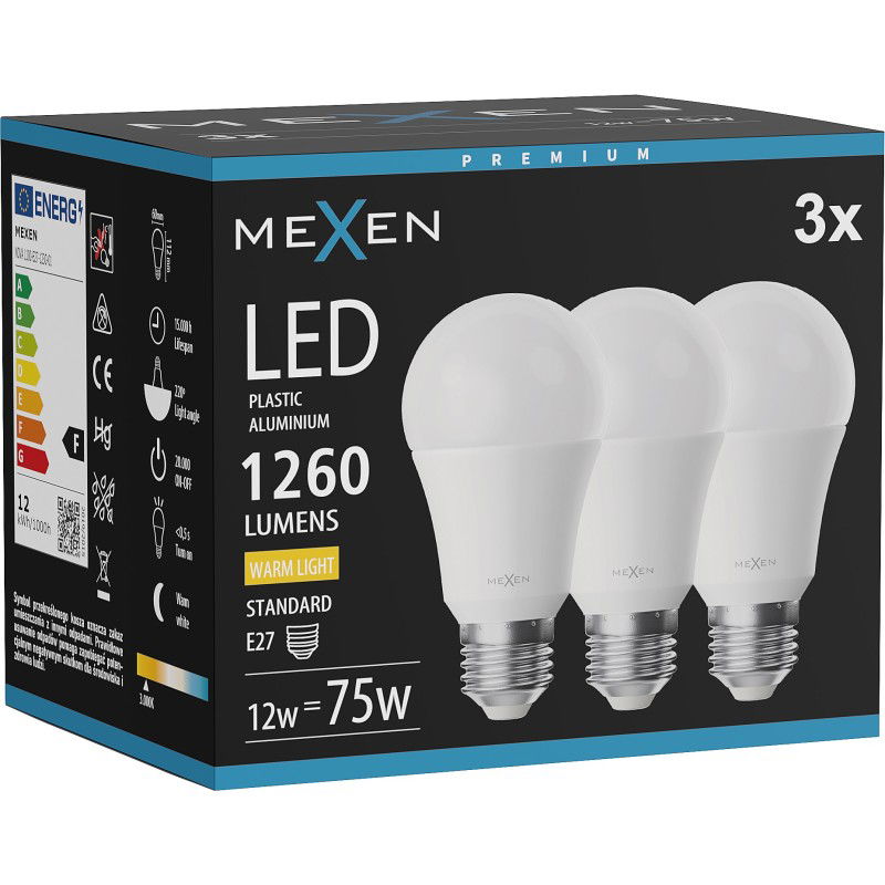 Mexen Nova 3x LED izzó E27, A60, 12W, Meleg - 3000K, 1260 lm - L100-E27-1230-01x03