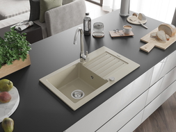 Mexen Pablo chiuvetă din granit cu 1 compartiment și scurgător 752 x 436 mm, bej, sifon crom - 6510751010-69