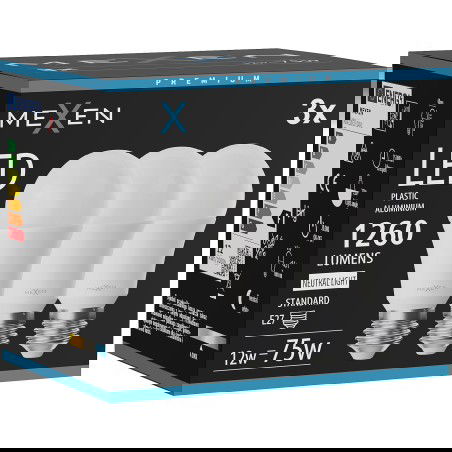Mexen Nova 3x LED izzó E27, A60, 12W, Semleges - 4000K, 1260 lm - L100-E27-1240-01x03
