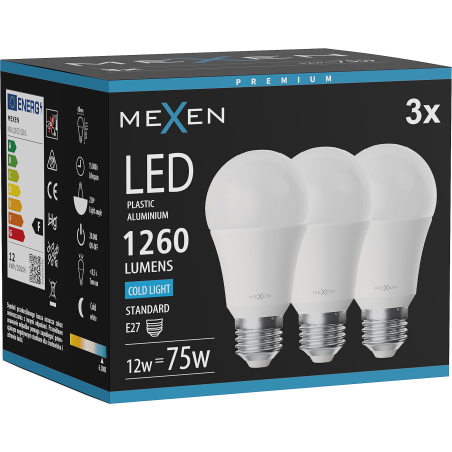 Mexen Nova 3x Bec LED E27, A60, 12W, Rece - 6500K, 1260 lm - L100-E27-1265-01x03