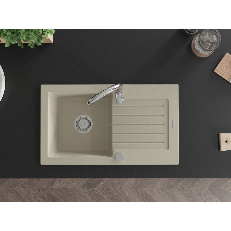 Mexen Pablo chiuvetă din granit cu 1 compartiment și scurgător 752 x 436 mm, bej, sifon crom - 6510751010-69