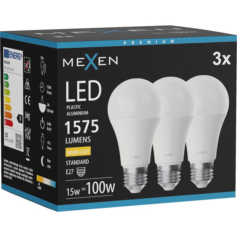 Mexen Nova 3x LED izzó E27, A60, 15W, Meleg - 3000K, 1575 lm - L100-E27-1530-01x03
