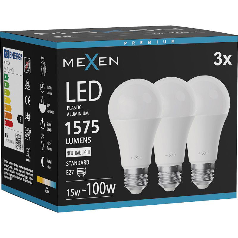 Mexen Nova 3x LED Izzó E27, A60, 15W, Semleges - 4000K, 1575 lm - L100-E27-1540-01x03
