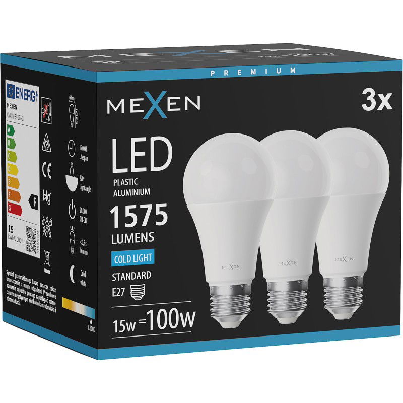 Mexen Nova 3x Bec LED E27, A60, 15W, Rece - 6500K, 1575 lm - L100-E27-1565-01x03