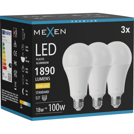 Mexen Nova 3x LED izzó E27, A70, 18W, Meleg - 3000K, 1890 lm - L100-E27-1830-01x03