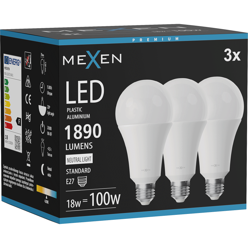Mexen Nova 3x Bec LED E27, A70, 18W, Neutră - 4000K, 1890 lm - L100-E27-1840-01x03