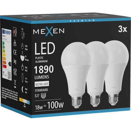 Mexen Nova 3x Bec LED E27, A70, 18W, Neutră - 4000K, 1890 lm - L100-E27-1840-01x03